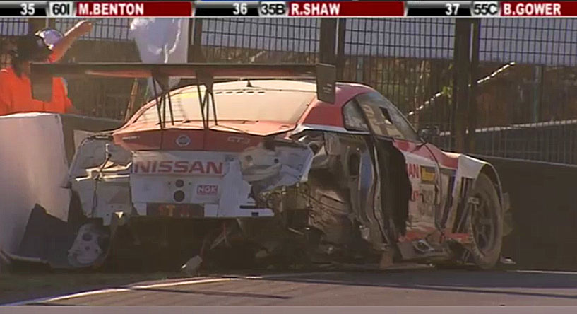 A screenshot of the #32 Nismo Nissan jammed against the wall a few hundred yards down the track from the wreckage of the ferrari. (bathurst12hour.com.au) A screenshot of the #32 Nismo Nissan jammed against the wall a few hundred yards down the track from the wreckage of the ferrari. (bathurst12hour.com.au)