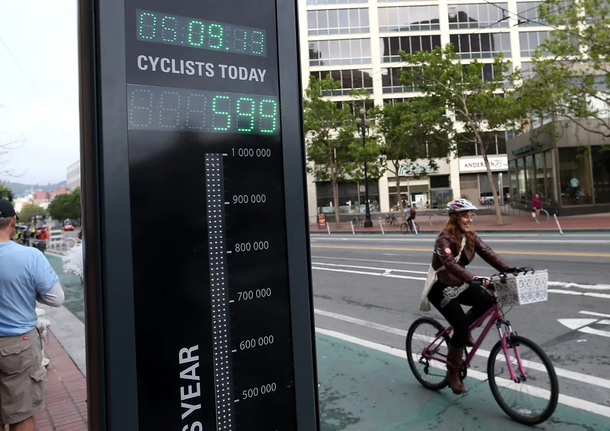 A bicyclist rides by an automated real-time bike counter on Market Street in San Francisco, Calif., on May 9, 2013. The combined efforts of two organizations are on track to introduce a bike counter in New York City. (Justin Sullivan/Getty Images)
