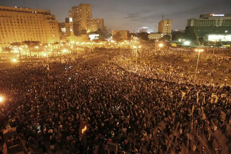 Egyptian demonstrators protest in central Cairo to demand the ousting of President Hosni Mubarak and calling for reforms on Jan. 25. Thousands of demonstrators took to the streets of Cairo, facing a massive police presence, in a protest inspired by Tunisia's popular uprising. (Mohammed Abed/AFP/Getty Images)