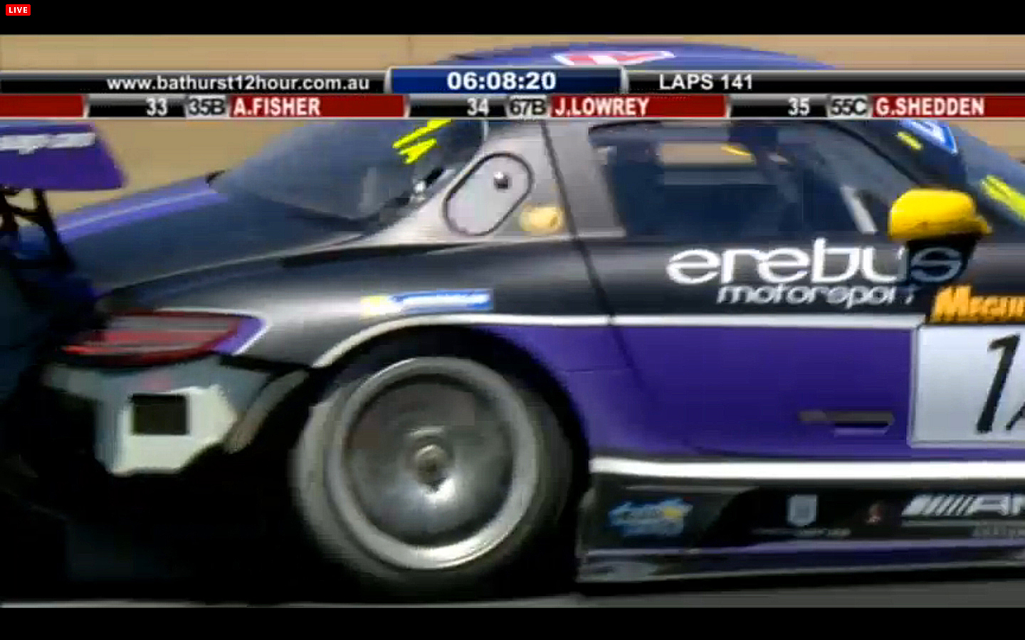The #1 Mercedes is missing some of its right rear fender after going off at Skyline. (bathurst12hour.com.au) The #1 Mercedes is missing some of its right rear fender after going off at Skyline. (bathurst12hour.com.au)