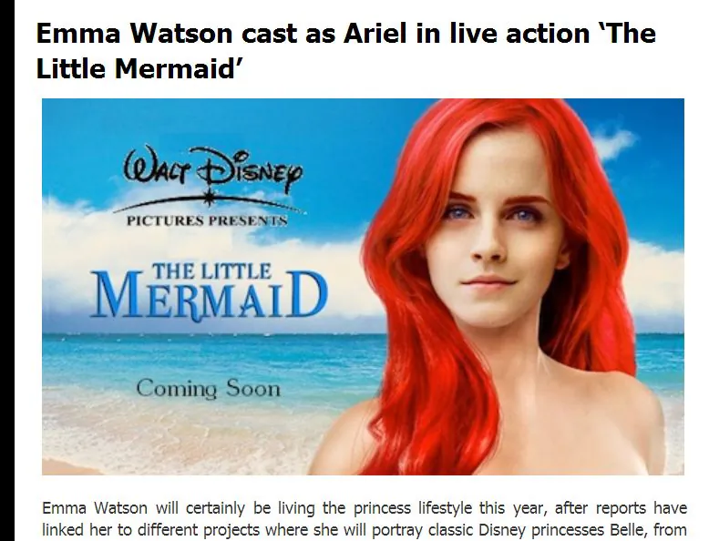 Emma Watson will not be starring in 'The Little Mermaid'--it's a hoax. (screenshot of Muggle.net)