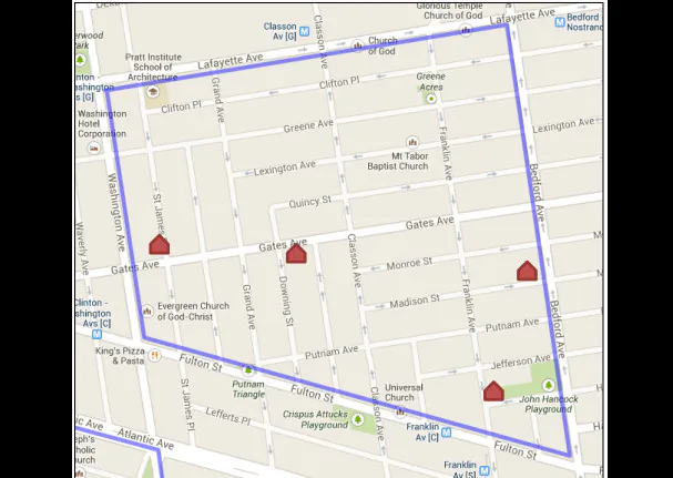 The proposed Bedford-Stuyvesant and Clinton Hill slow zone, from a Department of Transportation presentation. The area encompasses Classon Avenue, Lafayette Avenue, Bedford Avenue, and Fulton Street.
