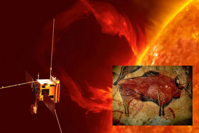 A rendering of the ESA-NASA Solar Orbiter (ESA). A painting in the Altamira cave in Spain. (Wikimedia Commons)