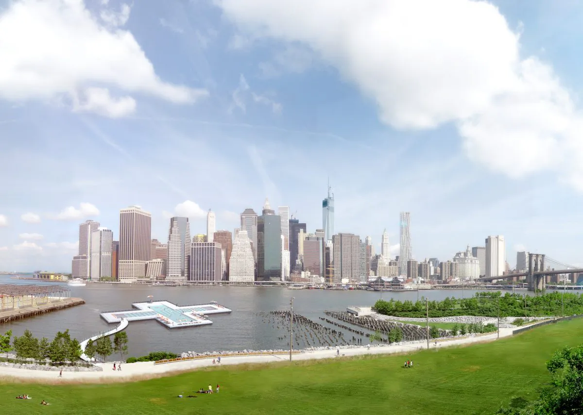 Conceptual drawing of a +POOL, a giant floating swimming pool, off the shores of the Brooklyn Bridge Park in New York City. (Courtesy of +POOL)