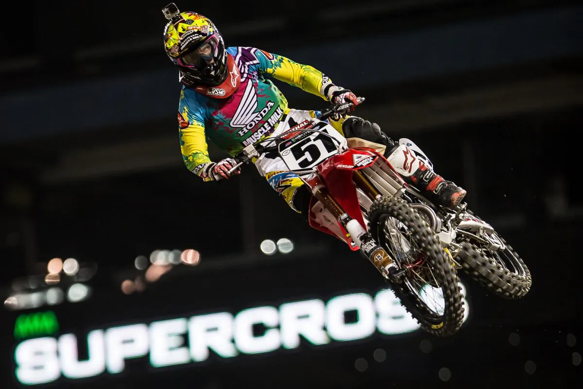 A rider flies into the air at the Monster Energy Supercross at Toronto's Rogers Centre on March 22, 2014. Toronto was the only Canadian stop of the professional racing series. (DQC Photo)