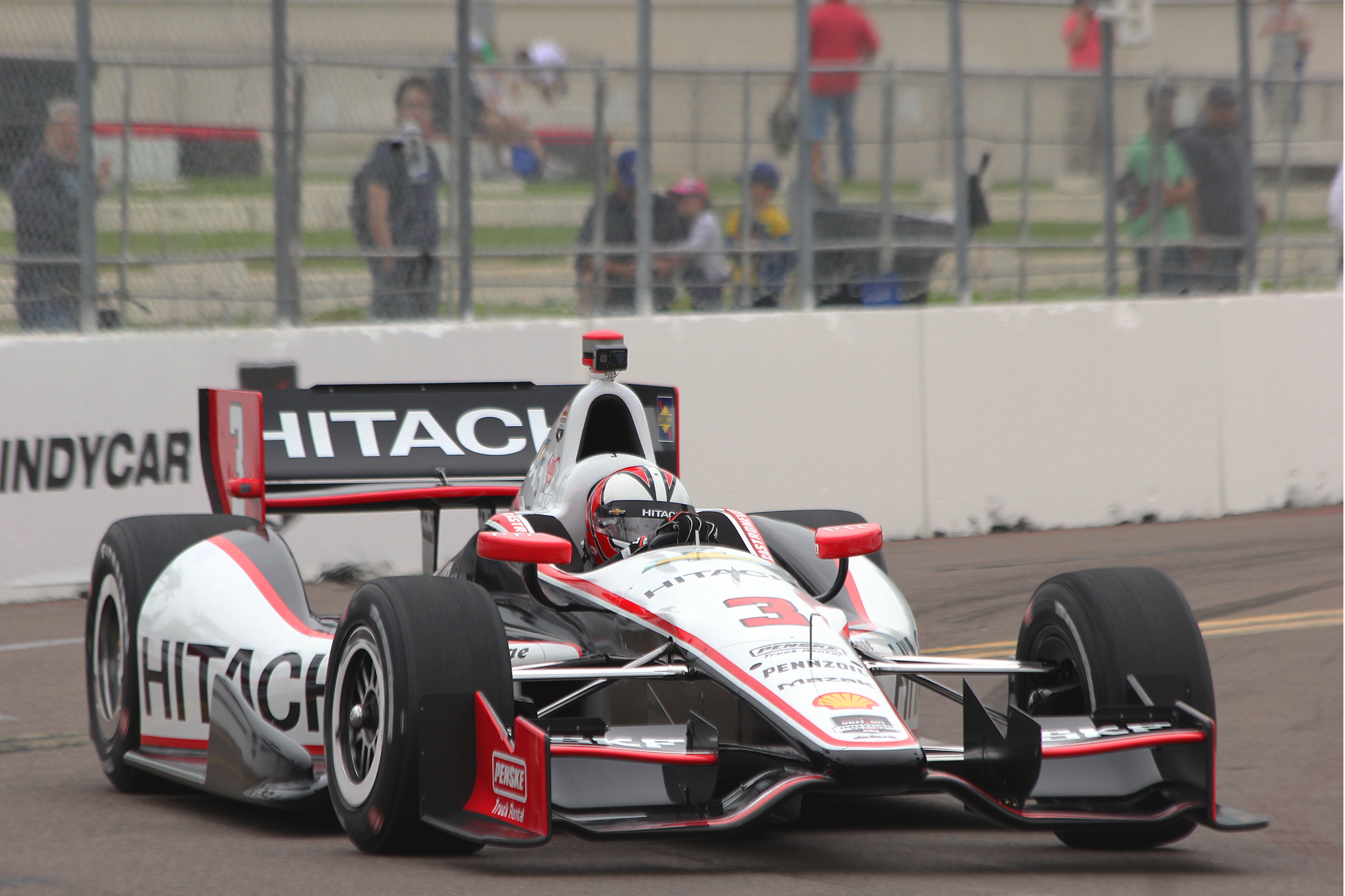 Helio Castroneves in the #3 Hitachi Team Penske Dallara-Chevrolet was second-quickest Saturday morning. (Chris Jasurek/Epoch Times)