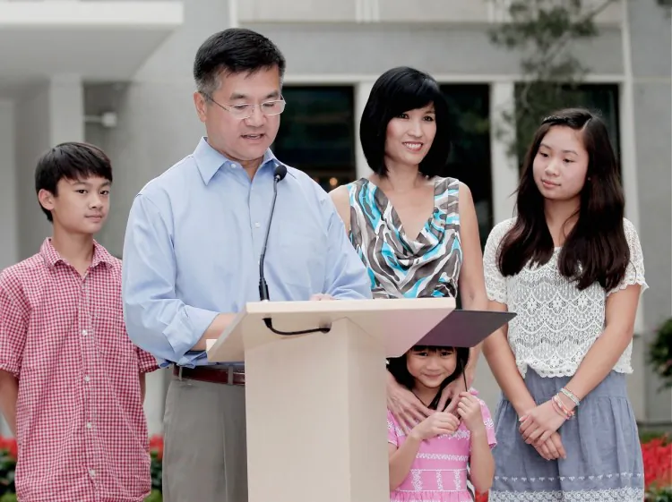 New U.S. Ambassador to China, Gary Locke addresses the media with his wife Mona (2nd R) and their children Dylan (L-aged 12), Madeline (2nd R-aged 6) and Emily (R-aged 14) in the courtyard of his residence on Aug. 14, 2011 in Beijing, China. (Lintao Zhang/Getty Images)