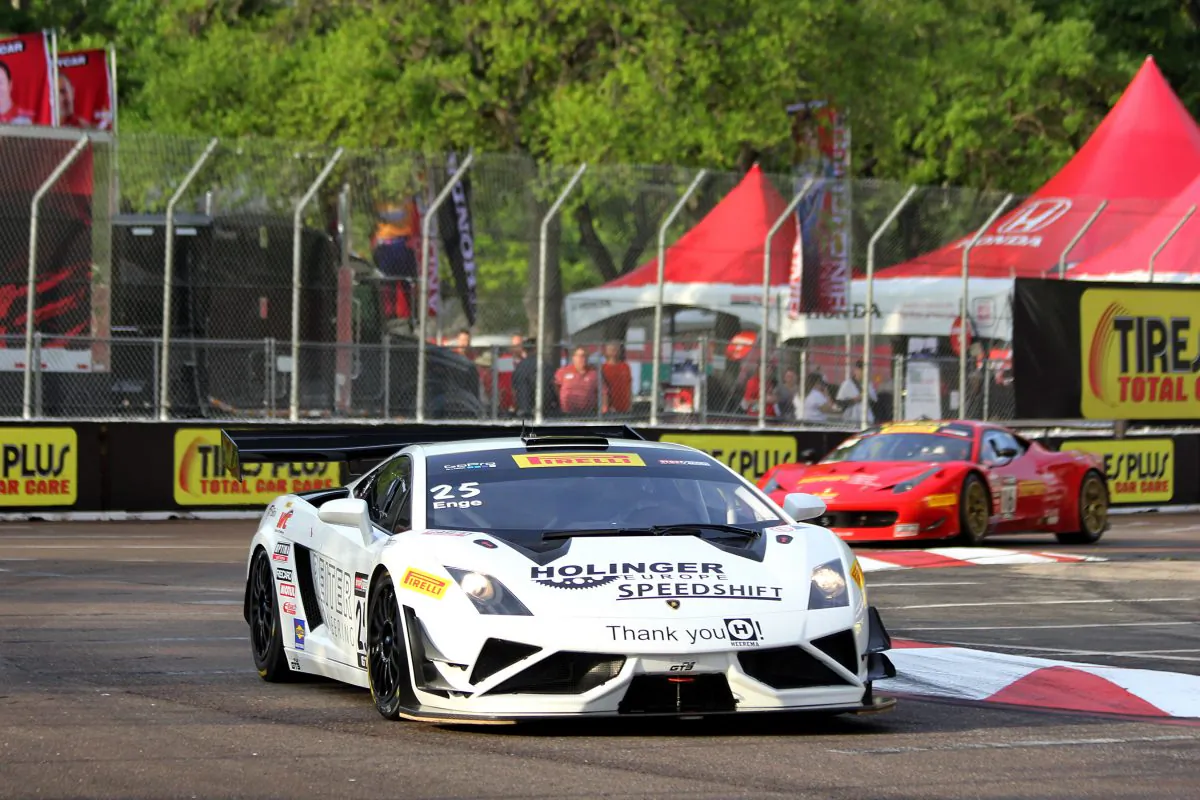 Tomas Enge in the #25 Reiter Engineering Lamborghini Gallardo FL2 qualified on the pole for the Pirelli World Challenge Cadillac Grand Prix of St. Petersburg. (Chris Jasurek/Epoch Times)