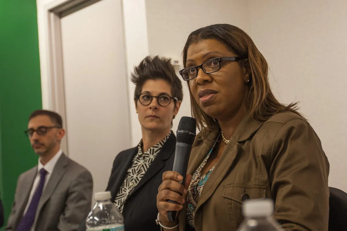 Public Advocate Letitia James offers closing remarks at a town hall meeting in Brooklyn Heights, New York, March 8, 2014. (Petr Svab/Epoch Times)