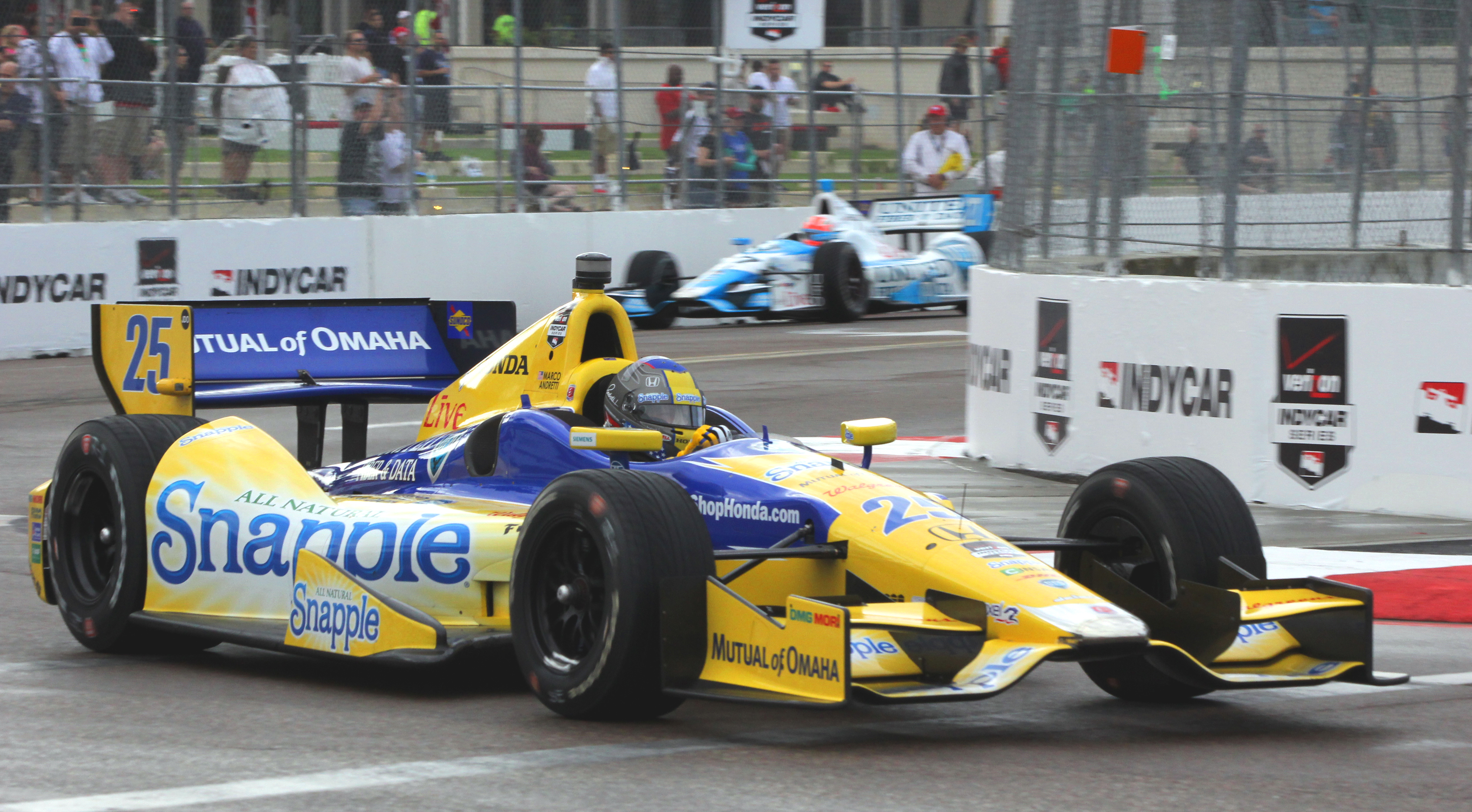 Marco Andretti in the #25 Snapple Andretti Autsport Dallara-Honda used the same set of red tires for Q2 and Q3, to save a set for race day. (Chris Jasurek/Epoch Times) Marco Andretti in the #25 Snapple Andretti Autsport Dallara-Honda used the same set of red tires for Q2 and Q3, to save a set for race day. (Chris Jasurek/Epoch Times)