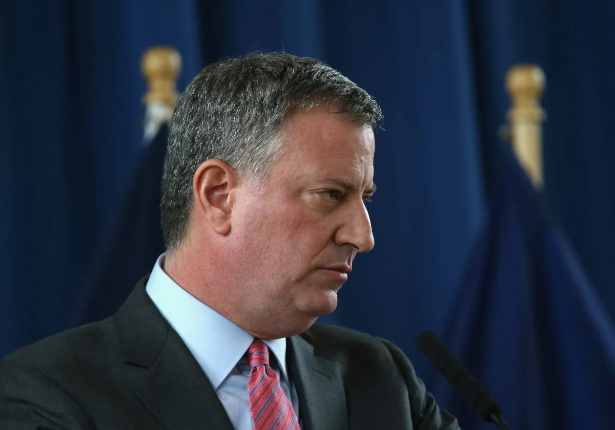 Mayor Bill de Blasio at a press conference in an elementary school gym on Feb. 25. (John Moore/Getty Images)
