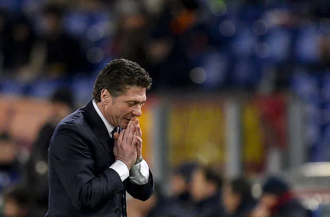 Inter Milan's coach Walter Mazzarri reacts during the Italian Serie A football match between AS Roma and Inter Milan on Mar. 1, 2014, at Rome's Olympic stadium. (ANDREAS SOLARO/AFP/Getty Images)