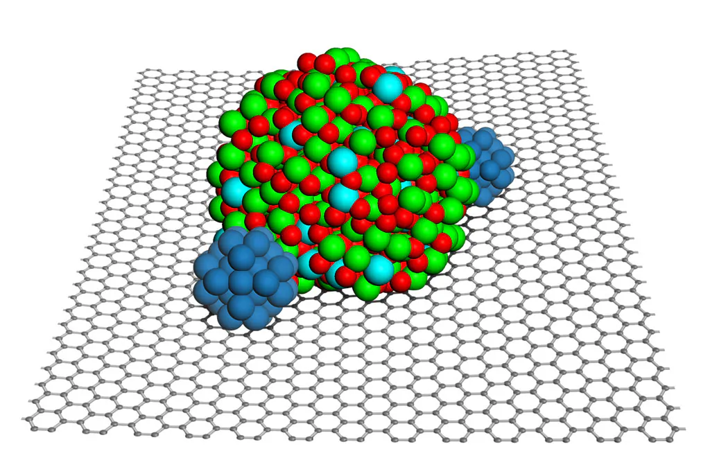 Nanoparticles of indium tin oxide on a surface of graphene. (Pacific Northwest National Laboratory)