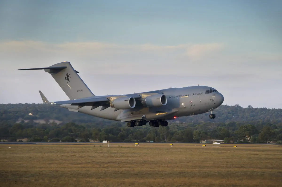 A Royal Australian Air Force C-17 Globemaster prepares to land at RAAF Pearce Base, Western Australia on March 28, 2014. (AP Photo/Australian Defence, Oliver Carter)