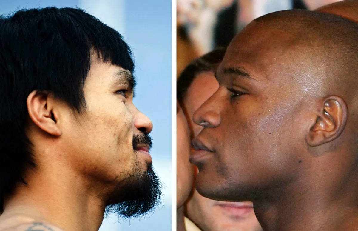WBO welterweight champion Manny Pacquiao of the Philippines (L) in Dallas, Tex., on March 12, 2010 and Floyd Mayweather Jr. (R) in Las Vegas, Nevada, on May 4, 2007. (Chris Cozzone/AFP/Getty Images)