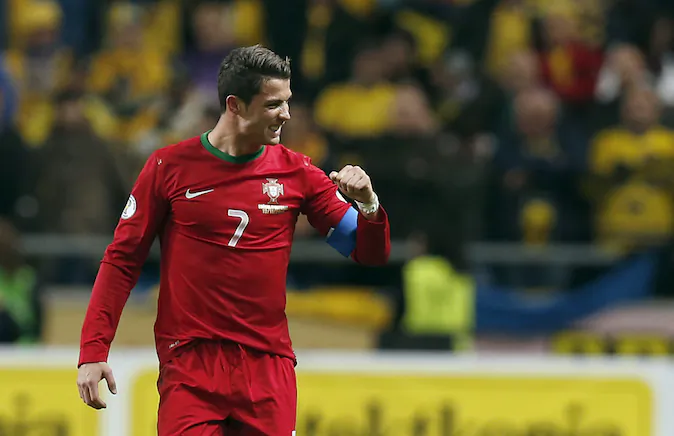 Portugal's Cristiano Ronaldo during the World Cup qualifying playoff second leg soccer match between Sweden and Portugal in Stockholm, Sweden, Tuesday, Nov.19, 2013. (AP Photo/Frank Augstein)