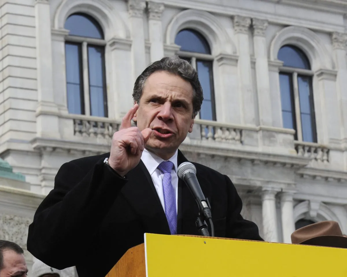 New York Gov. Andrew Cuomo speaks at a rally in support of charter schools on the steps of the state Capitol in Albany, N.Y., on Tuesday, March 4, 2014. (AP Photo/Tim Roske)