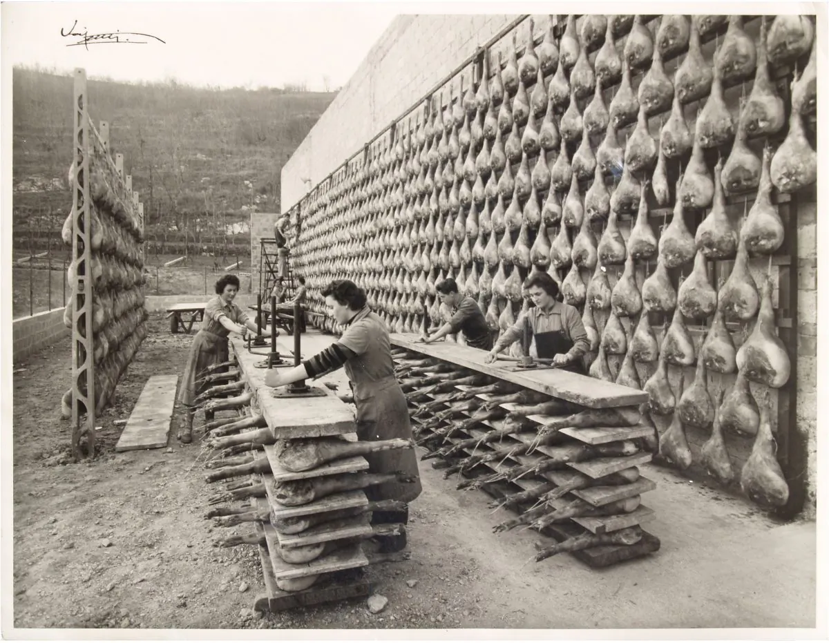 Artisanal production of prosciutto at Principe started in 1945. The particular microclimatic conditions in San Daniele are key in its aging. (Courtesy of Principe)
