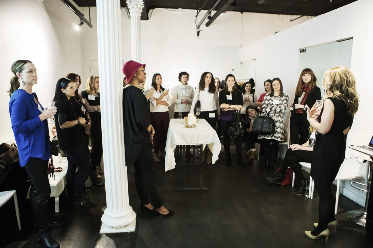 Randi Zinn welcomes her guests to the Beyond Mom Mixer: A Facilitated Networking Experience for Forward-Thinking Moms in New York City. (Courtesy of Randy Zinn/Photo Benton Sampson) 
