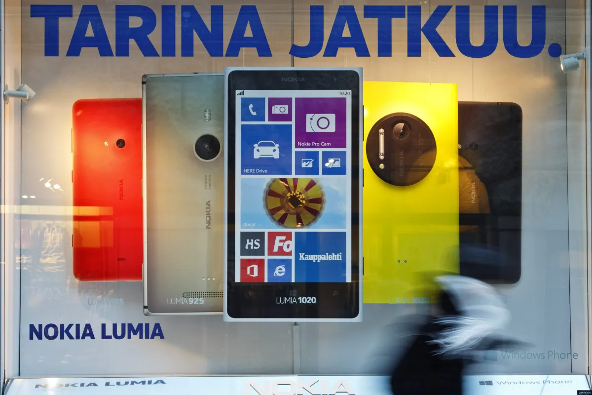 An advertisement in a flagship store of Finnish telecom manufacturer Nokia reads "the story goes on," in Helsinki, Finland, on Jan. 23, 2014. (Roni Rekomaa/AFP/Getty Images)