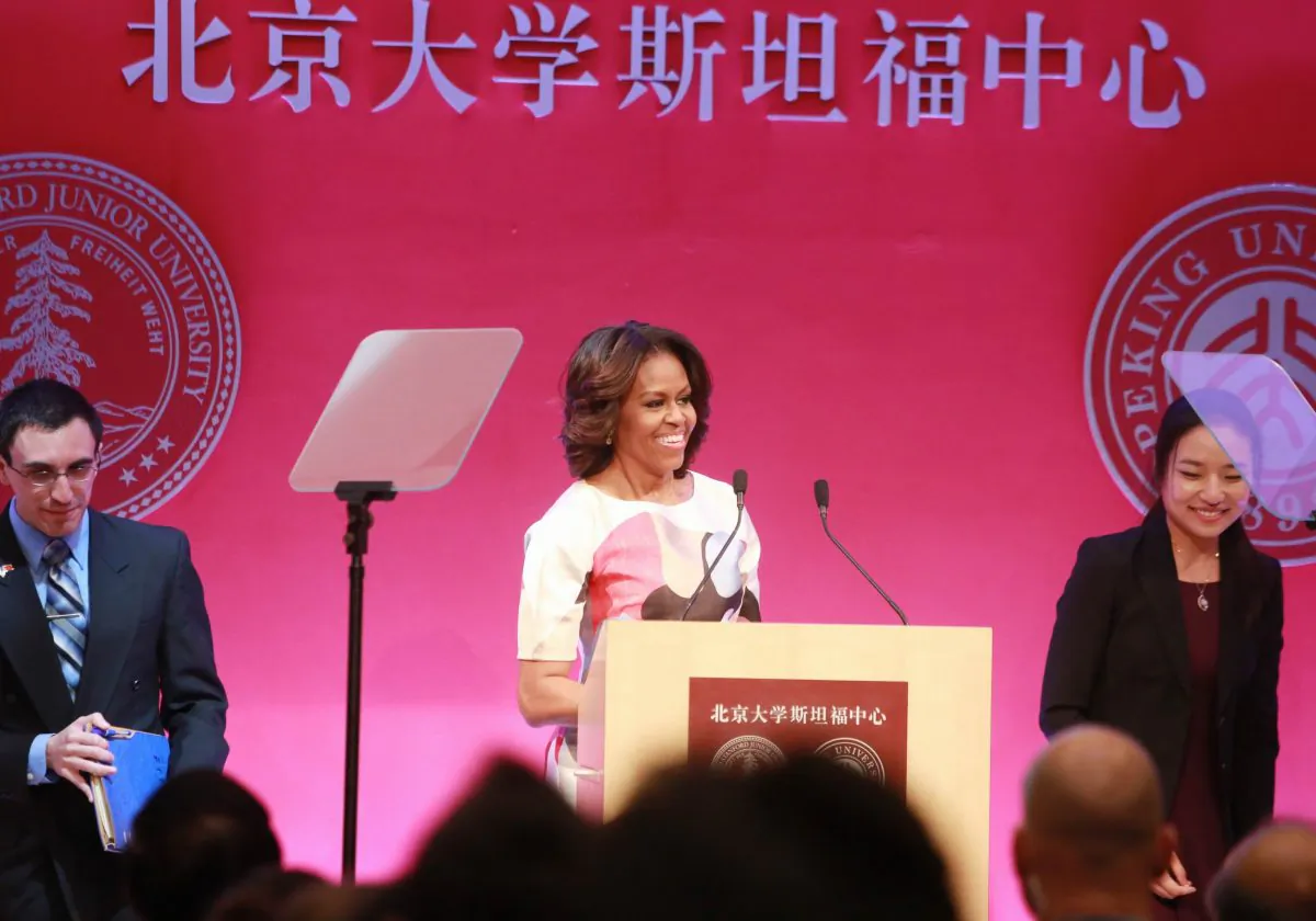 U.S. First Lady Michelle Obama delivers a speech at the Stanford Center at Peking University on March 22, 2014 in Beijing, China.(ChinaFotoPress via Getty Images)
