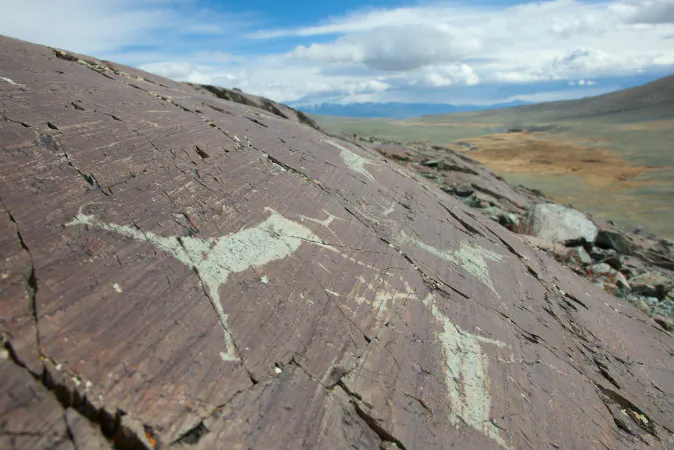 Bronze Age paintings in Pazyryk, Siberia, the same place a 2,500 mummy was found. The mummy of a Princess Ukok is covered in tattoos, one of which was used as a design at the 2014 Winter Paralympics. (Shutterstock*)
