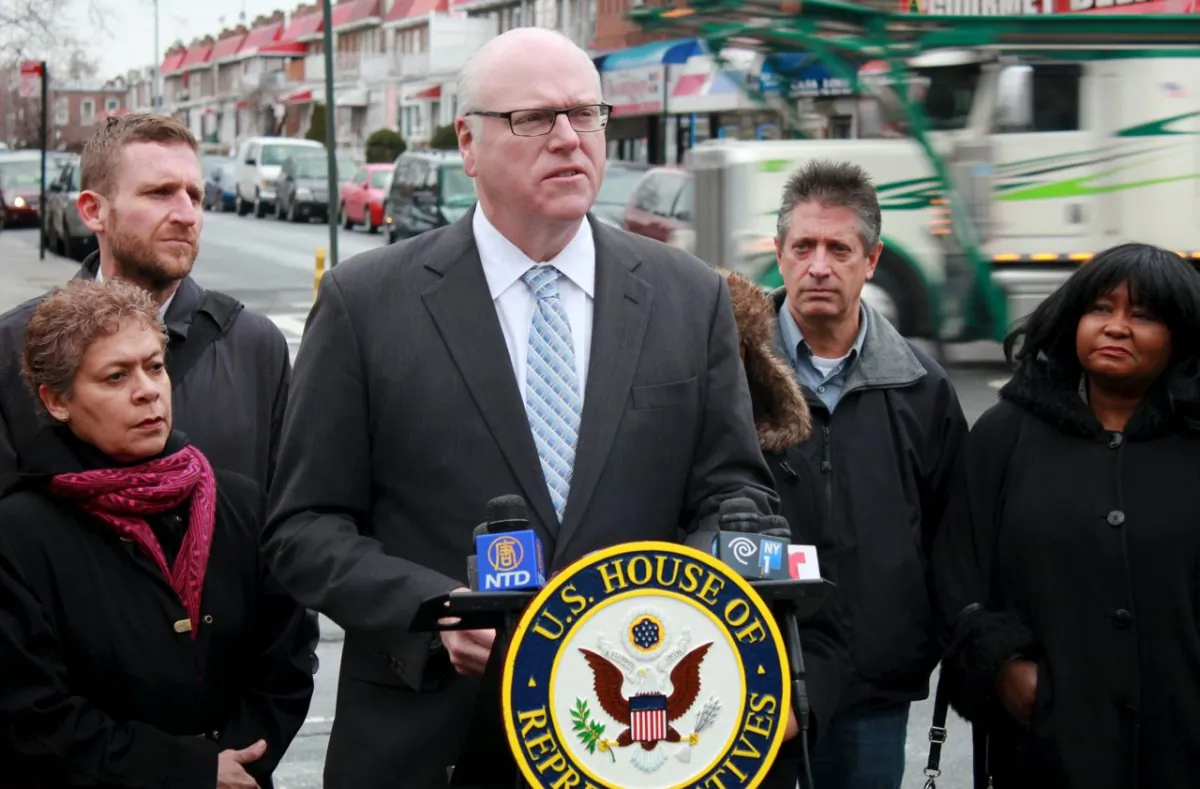 Pedestrian safety advocates join Representative Joe Crowley in Jackson Heights, Queens, to announce legislation to lower and help prevent pedestrian fatalities in high-risk areas. (Courtesy of Rep. Crowley's office)