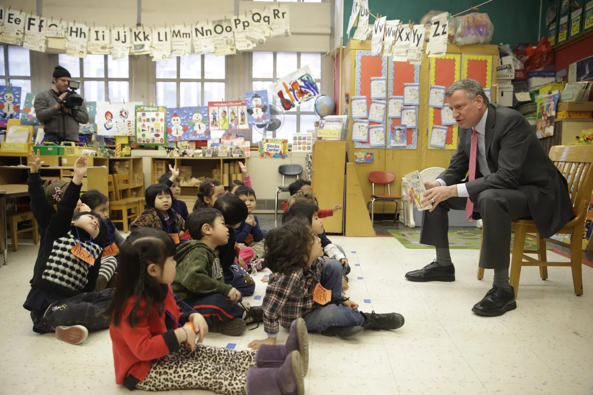 Mayor Bill de Blasio at a prekindergarten class at P.S. 130 in New York City, on Feb. 25, 2014. (Seth Wenig-Pool/Getty Images)