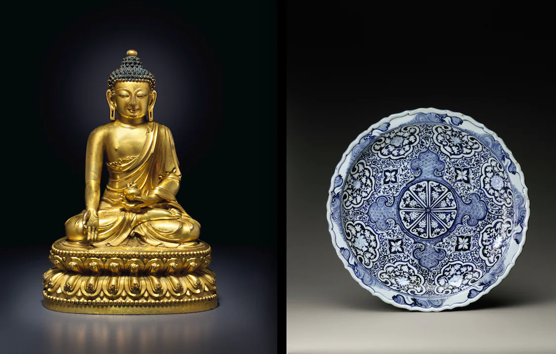 (L) A Ming Dynasty gilt-bronze seated figure of the Medicine Buddha, sold at Christie's "Asian Masterpieces of Devotion" sale for $5,541,000. (Courtesy of Christie's)
(R) A Yuan Dynasty blue and white plate that sold at Sotheby's for $4,197,000. (Courtesy of Sotheby's)