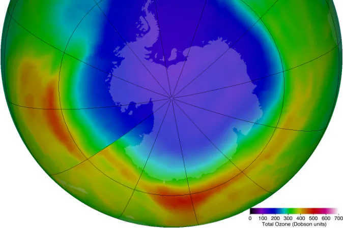 A depiction of the large hole in the ozone layer over the Antarctic as of September 2012. (NASA)
