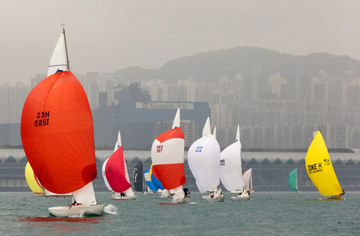 A view of a smog enshrouded Hong Kong and Victoria Harbour during the Royal Hong Kong Yacht Club Tomes Cup persuit race on Saturday
Mar 1, 2014. The Tomes Cup is the third race in the four-race Top Dog Trophy. (RHKYC/Guy Nowell)