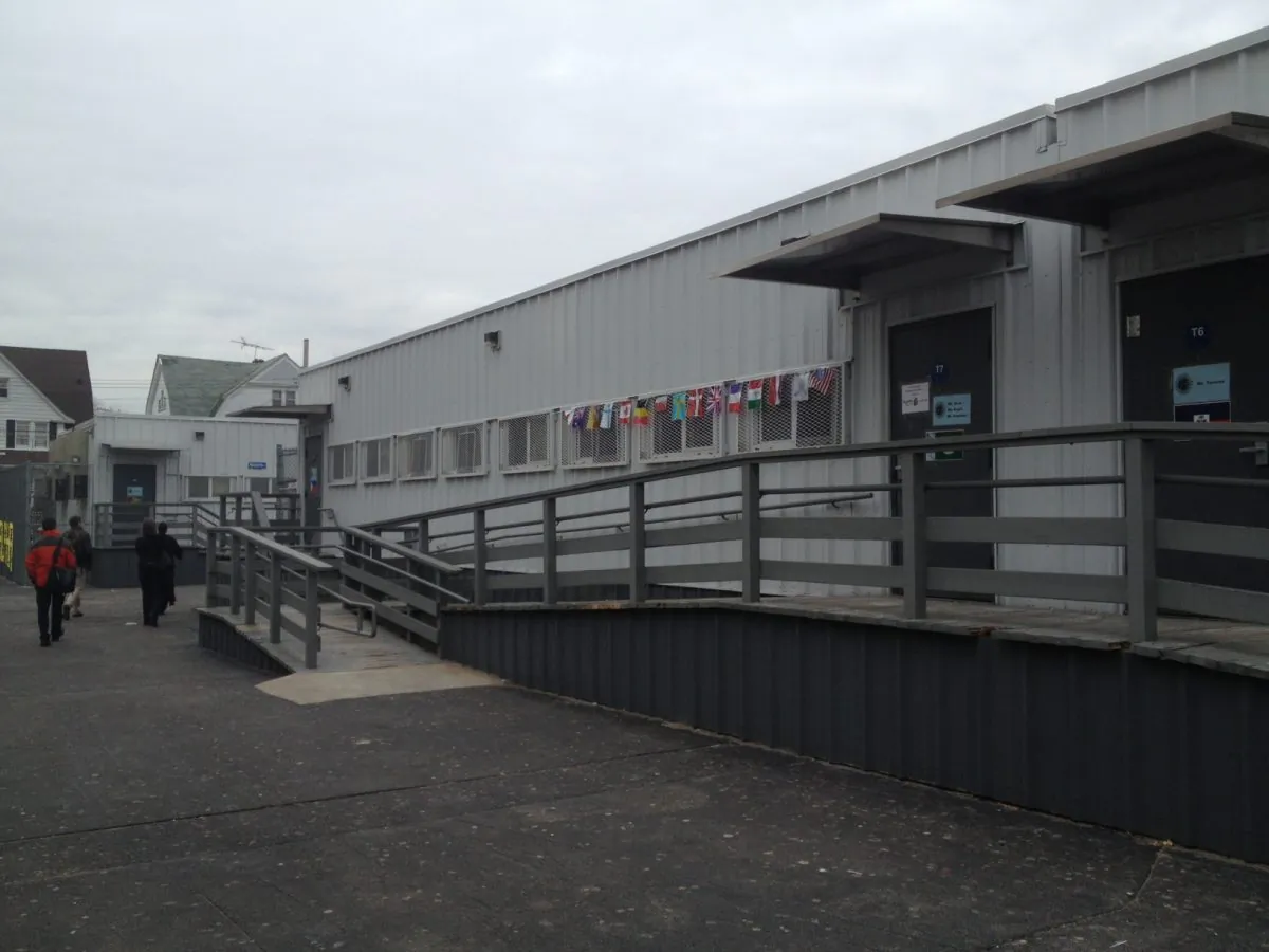 A Transportable Classroom Unit (TCU) parked at Richmond Hill High School, Queens, New York. (Leonie Haimson/Class Size Matters)