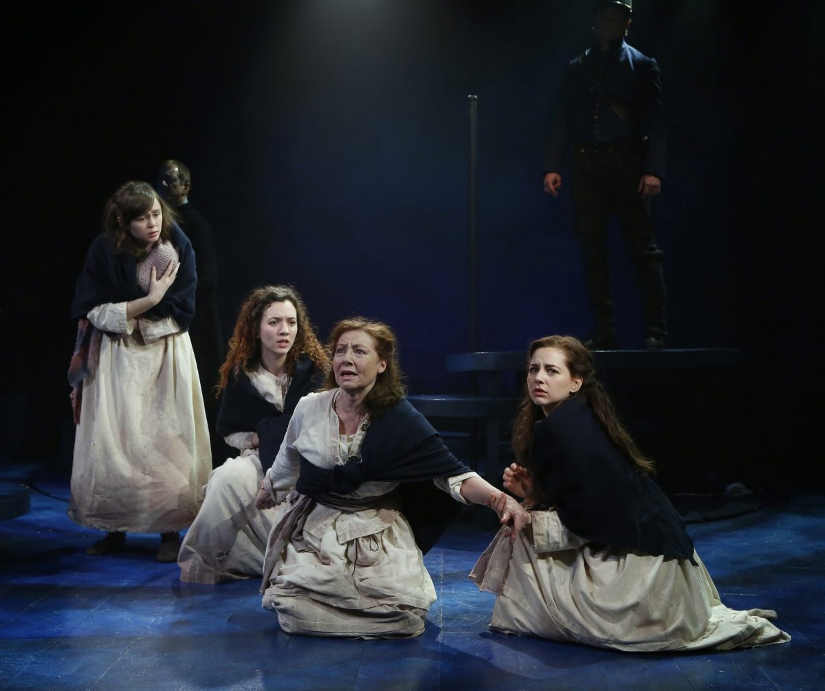 (L–R) Emily Skeggs, Pearl Rhein, Terry Donnelly, and Jessica Grové play ladies bound for the penal colony in Australia. (Carol Rosegg)
