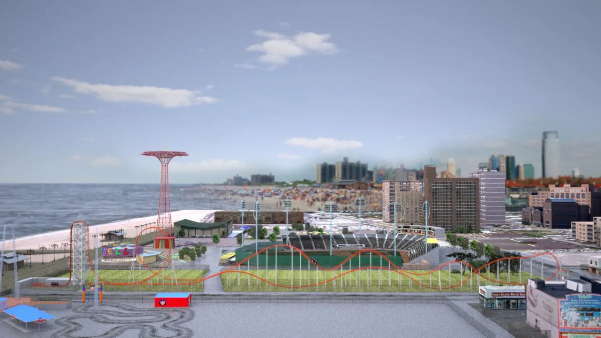 A new major roller coaster, “Thunderbolt”, will be built at Coney Island and open for next year’s summer season. Thrilling riders with speeds of 65 miles per hour, the 125 foot tall roller coaster, featuring over 2,000 feet of track, will sit near the historic B&B Carousell and the new Steeplechase Plaza, and mark another important milestone in Coney Island’s rebirth. (Courtesy of NYCEDC)