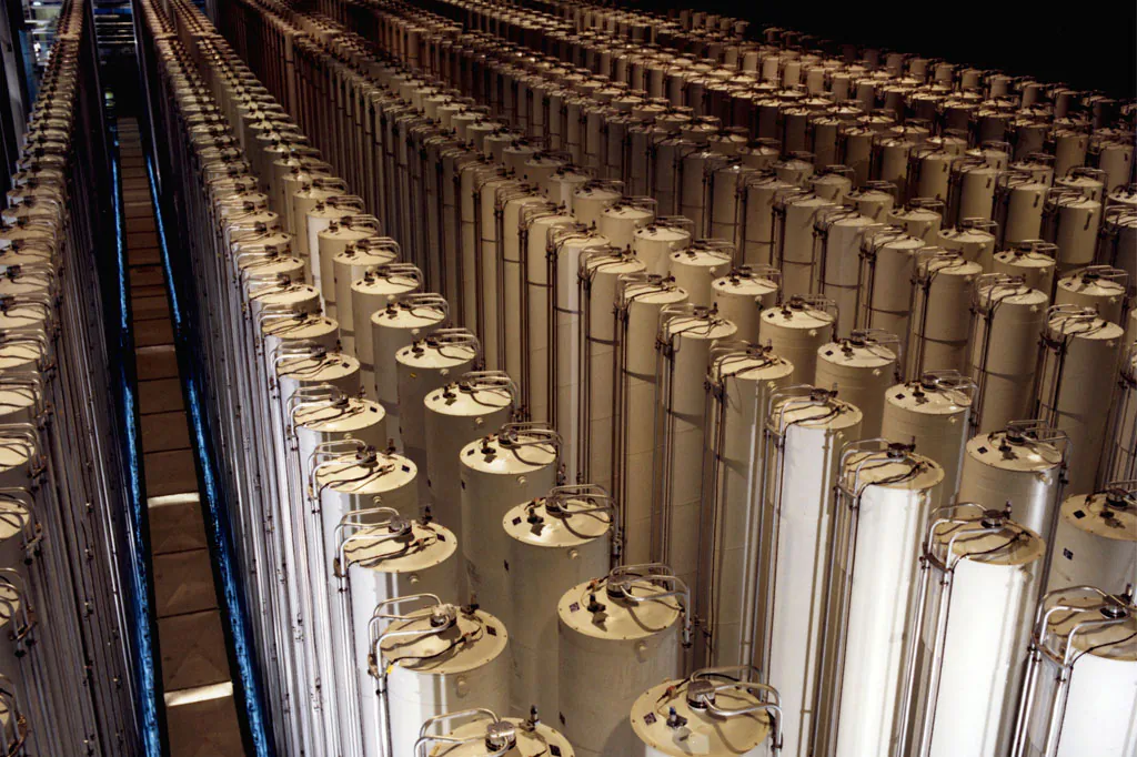 Cascades of gas centrifuges are used to enrich uranium ore to concentrate its fissionable isotopes. (Wikimedia Commons)