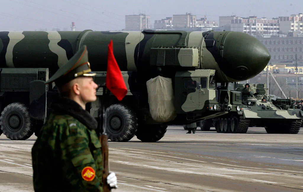 Russian Topol-M intercontinental ballistic missile is displayed during a Victory Day parade rehearsal on April 24, 2009 in Alabino, outside Moscow, Russia. (Dmitry Korotayev/Epsilon/Getty Images)
