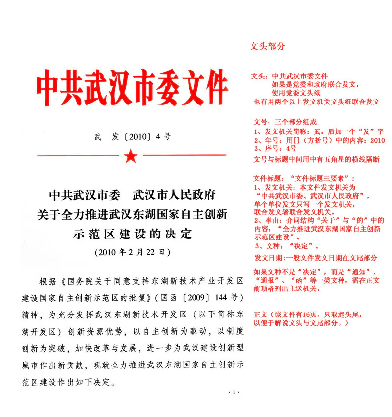 An example of a "red head" document from the communist Party's Wuhan City Commission, and instructions (on the right) on how to write such documents. (Screenshot by Epoch Times)