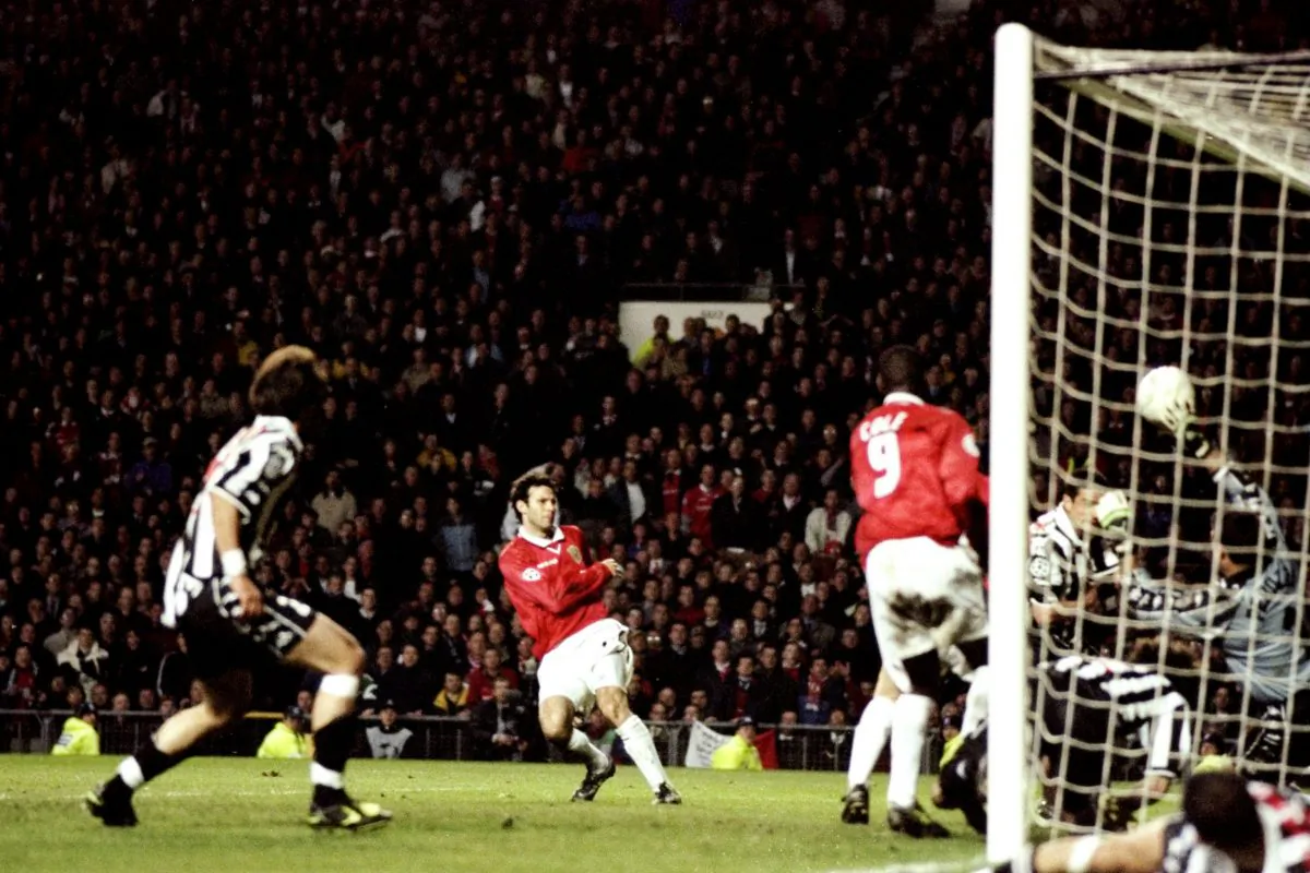 Winning Mentality: Ryan Giggs of Manchester United scores a late equalizer in the UEFA Champions League semifinal first leg match against Juventus at Old Trafford in Manchester, England on April 7, 1999. The game ended 1-1. (Shaun Botterill /Allsport)