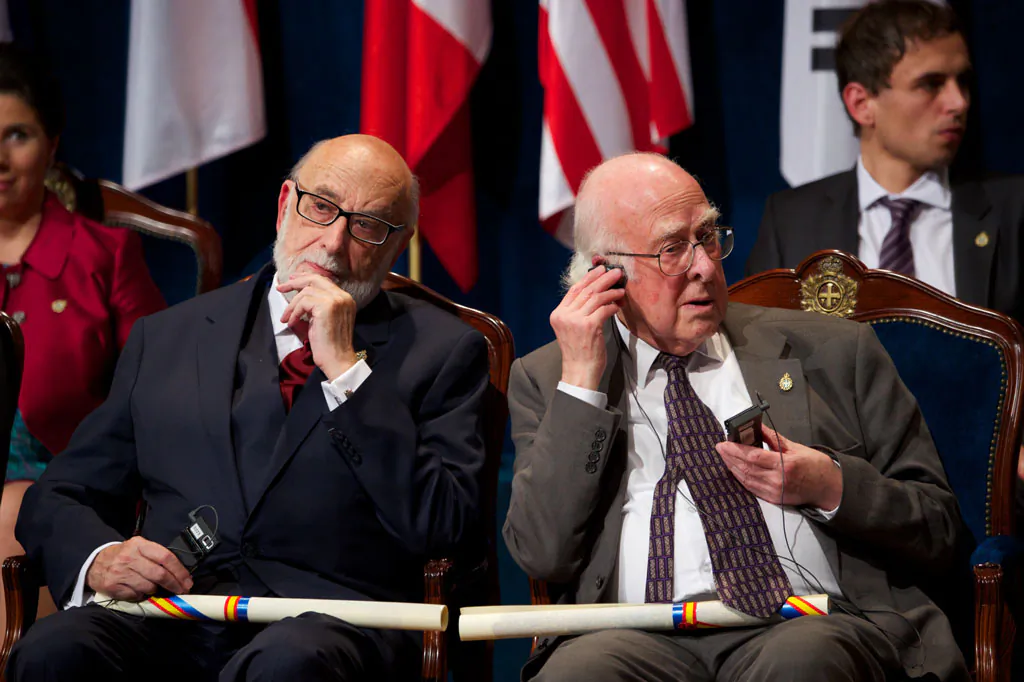 François Englert (L) and Peter Higgs (R) attend the 'Prince of Asturias Awards 2013' ceremony at the Campoamor Theater on October 25, 2013 in Oviedo, Spain. (Carlos Alvarez/Getty Images)