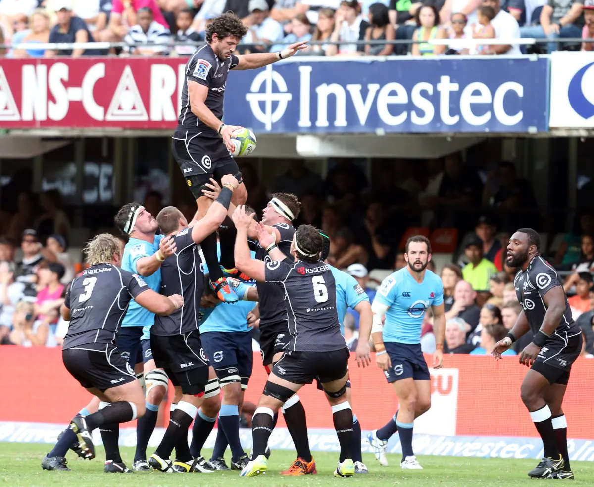 Sharks No.8 Ryan Kankowski wins the lineout against the Waratahs during their SuperRugby match in Durban, South Africa, on March 29, 2014. (Steve Haag/Gallo Images/Getty Images)