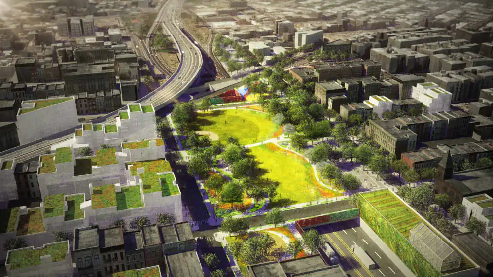 A rendering of the BQ Green in South Williamsburg, bridging together parts of the neighborhood now separated by the Brooklyn Queens Expressway. (dlandstudio)