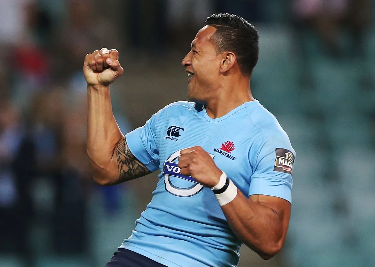 Waratah full-back Israel Folau celebrates his 28-second try during the Round 10 Super Rugby match against the Bulls on Saturday April 19. Waratahs won 19-12. (Mark Metcalfe/Getty Images)