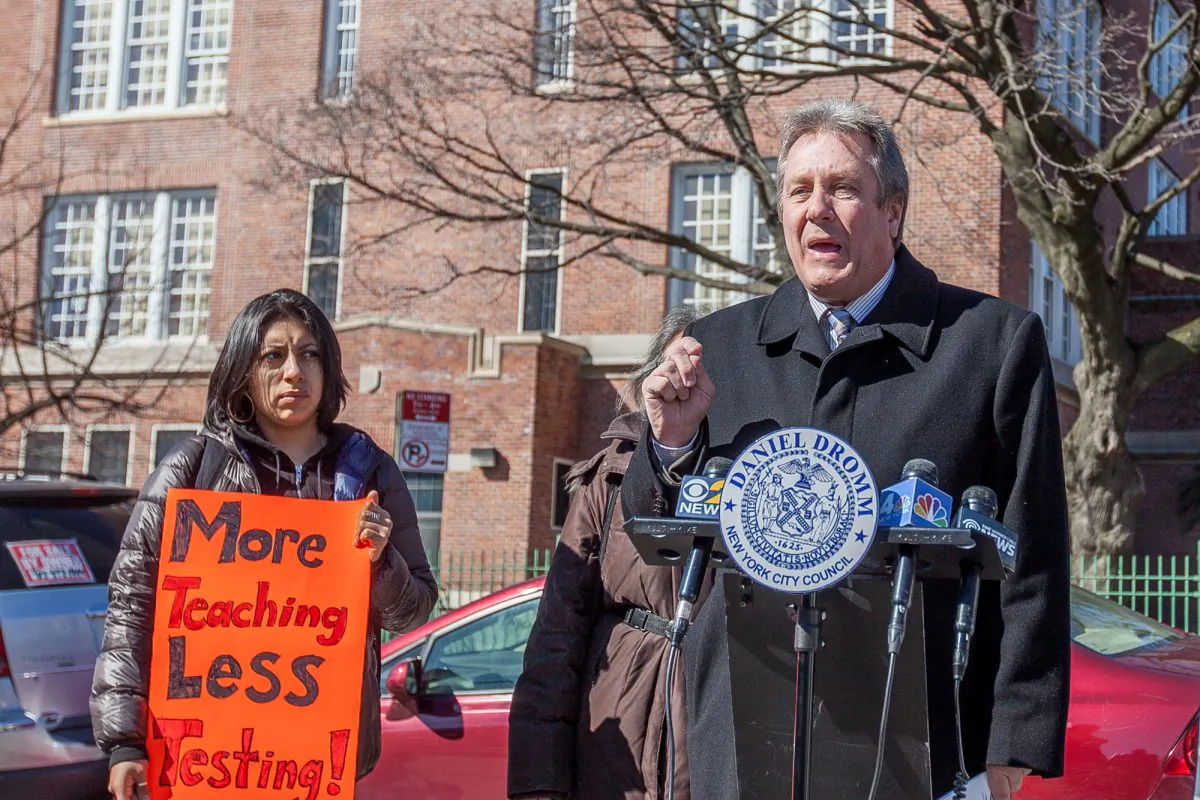 Council member Daniel Dromm speaks at a test opt-out rally nearby the P.S. 69 school in Jackson Heights, Queens, New York, April 1, 2014. (Petr Svab/Epoch Times)