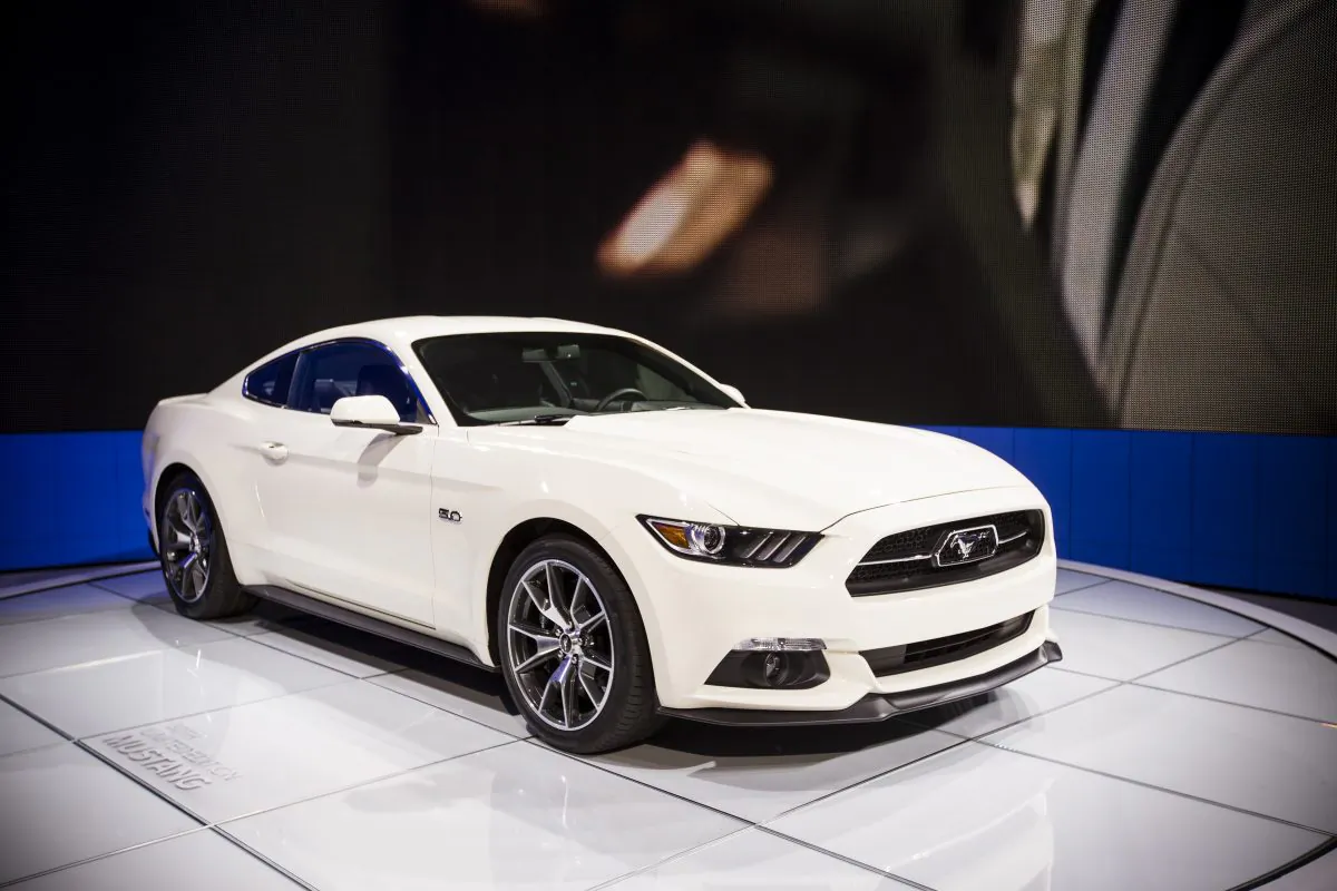 The limited edition 50th anniversary 2015 Ford Mustang during a media preview of the New York International Auto Show, April 16, in New York City. (Edward Dai/Epoch Times)