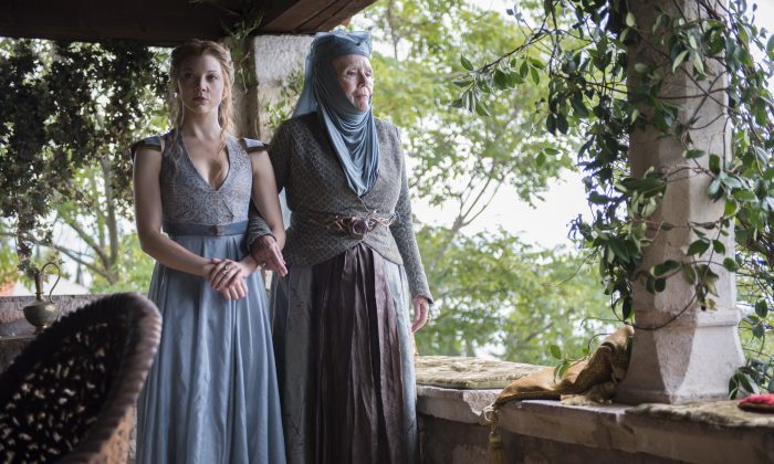 This image released by HBO shows Natalie Dormer, left, and Diana Rigg in a scene from "Game of Thrones." The fourth season premieres Sunday at 9p.m. EST on HBO. (AP Photo/HBO, Macall B. Polay)