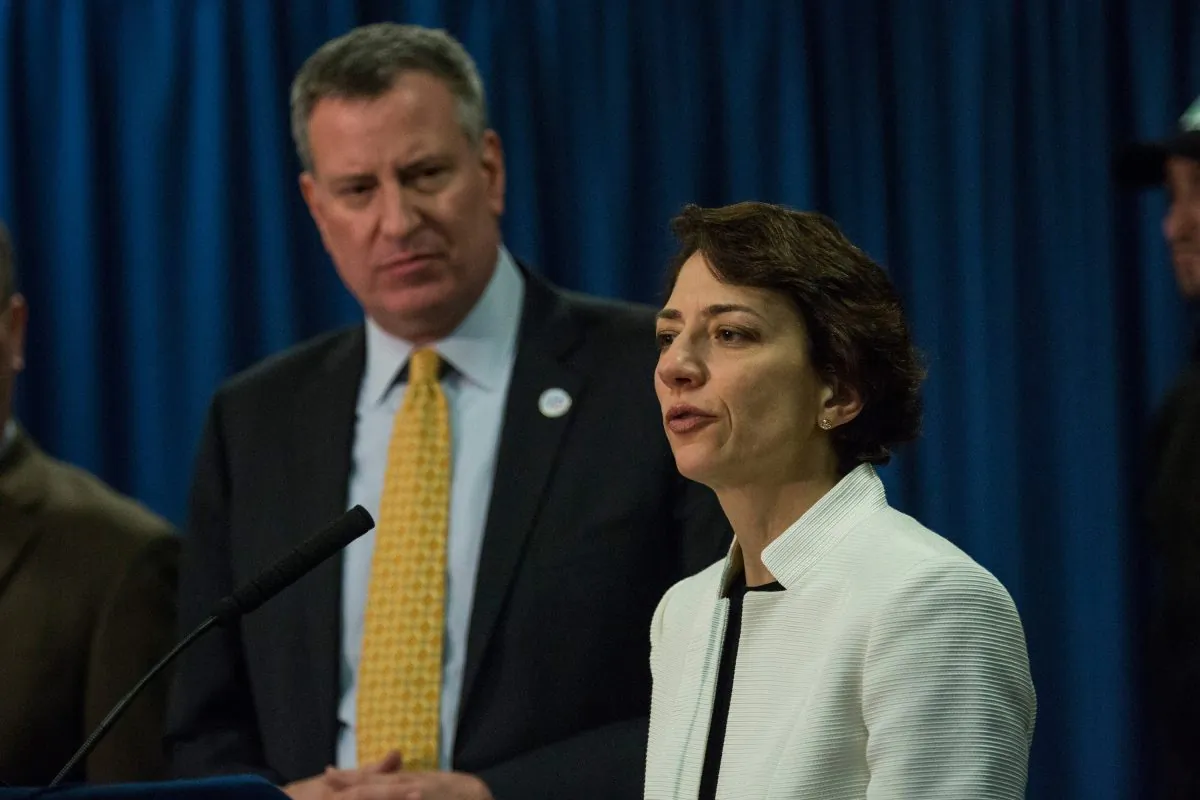 New York City Transportation Commissioner Polly Trottenberg speaks at a press conference with mayor Bill De Blasio announcing the city's new Vision Zero traffic safety plan, Feb. 18. (Andrew Burton/Getty Images)