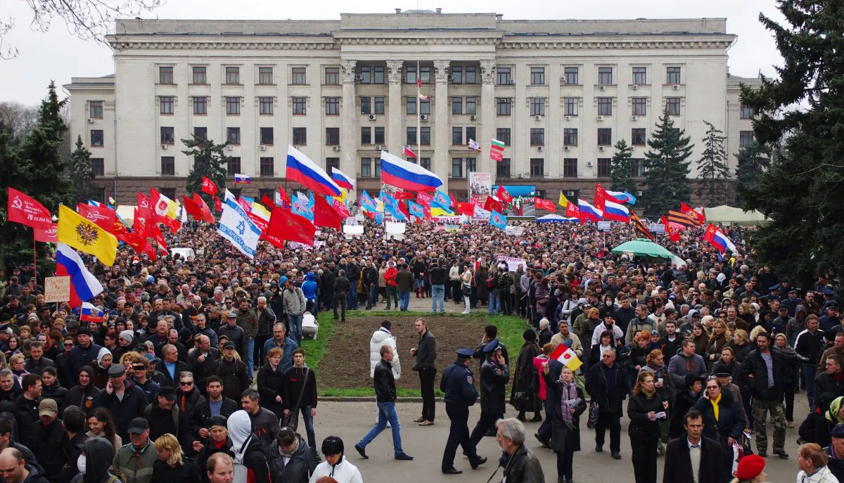 Pro-Russian protesters stage a rally in the center of the Ukrainian city of Odessa on March 23, 2014. Ukraine's Western-backed leaders voiced fears on Sunday of an imminent Russian invasion of the eastern industrial heartland following the fall of their last airbase in Crimea to defiant Kremlin troops. (Alexey Kratsov/AFP/Getty Images)