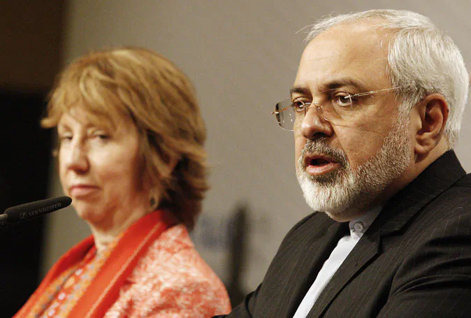 Catherine Ashton, High Representative of the Union of Foreign Affairs and Security Policy for the European Union, and Iranian Foreign Minister Mohammad Javad Zarif give a press statement on the second day of the third round of talks of the European Union and Iran at the UN headquarters in Vienna, Austria on April 9, 2014. The talks aim at hammering out a definitive deal over Tehran's contested nuclear programme by a July 20, 2014 deadline. (Dieter Nagl/AFP/Getty Images)