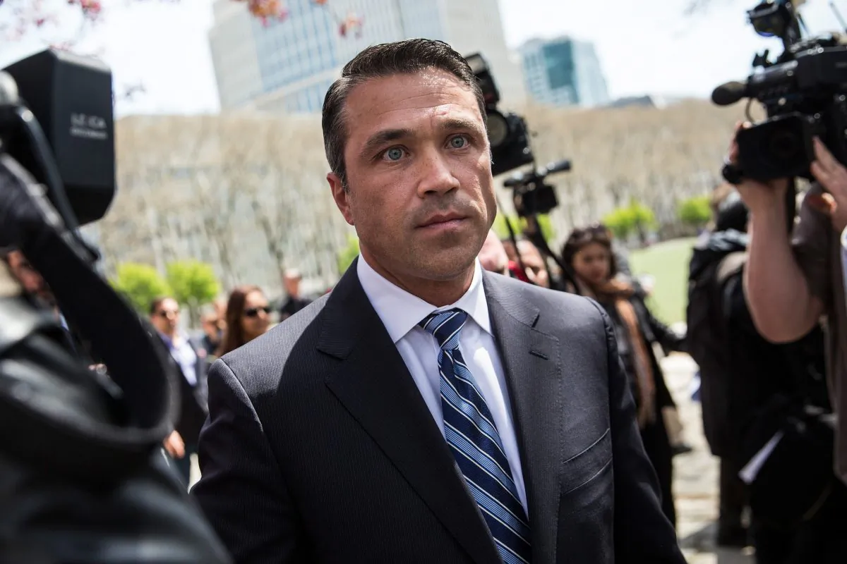Rep Michael Grimm (R-NY, 11th District) finishes speaking at a press conference he spoke at after leaving the Brooklyn Federal Court where he was indicted on 20 counts in the Brooklyn borough of New York City on April 28, 2014. Grimm's indictments include wire fraud, mail fraud, conspiring to defraud the United States, impeding the Internal Revenue Service, hiring and employing unauthorized aliens, and health care fraud. (Andrew Burton/Getty Images)