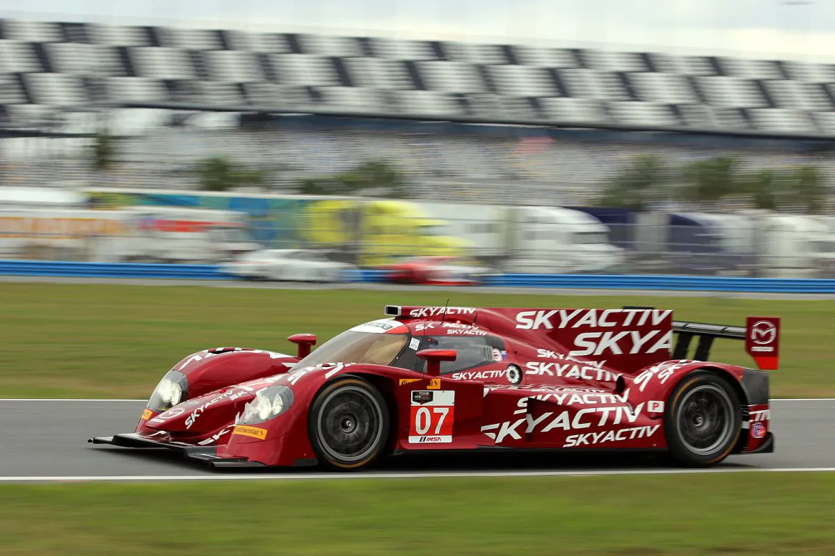 Tristan Nunez drives the #07 Mazda Skyactiv diesel P2 Prototype at the Roar Before the Daytona 24. The car was consistently slower than the competition, and suffered driveline woes. (Chris Jasurek/Epoch Times)